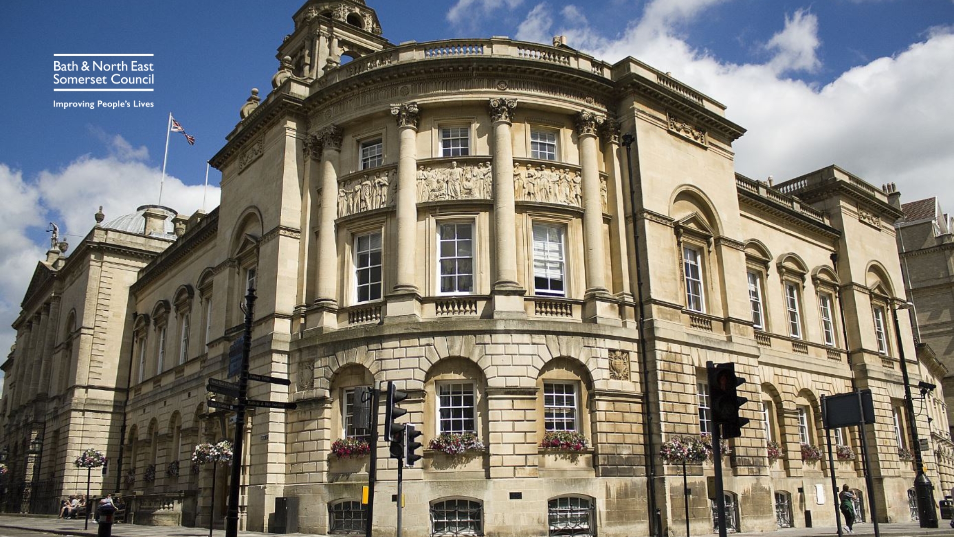 The Guildhall in Bath with blue skies and white clouds behind