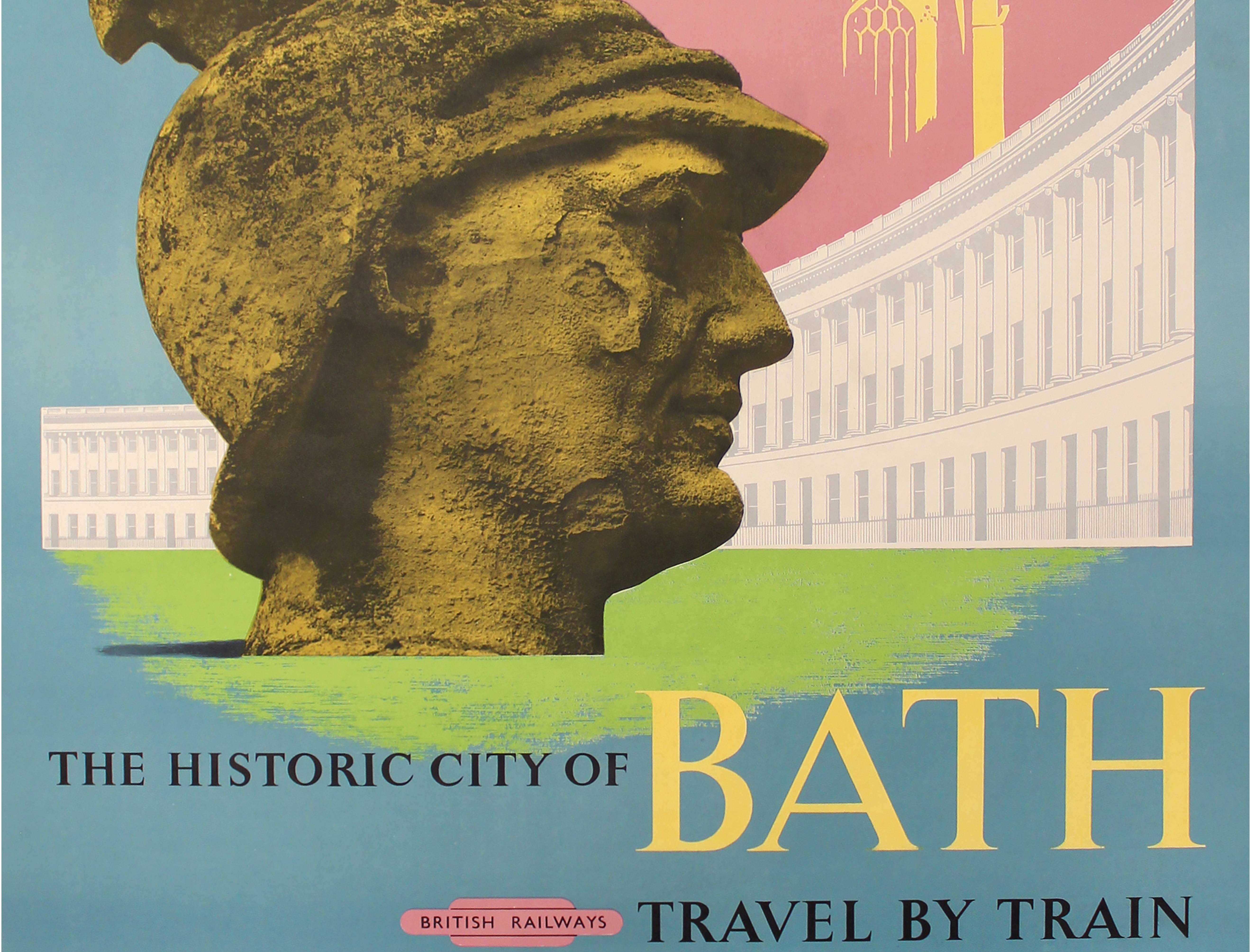 An image advertising Bath, with a photo of a stone Roman statue's head, and illustration of the Royal Crescent, with a light blue background