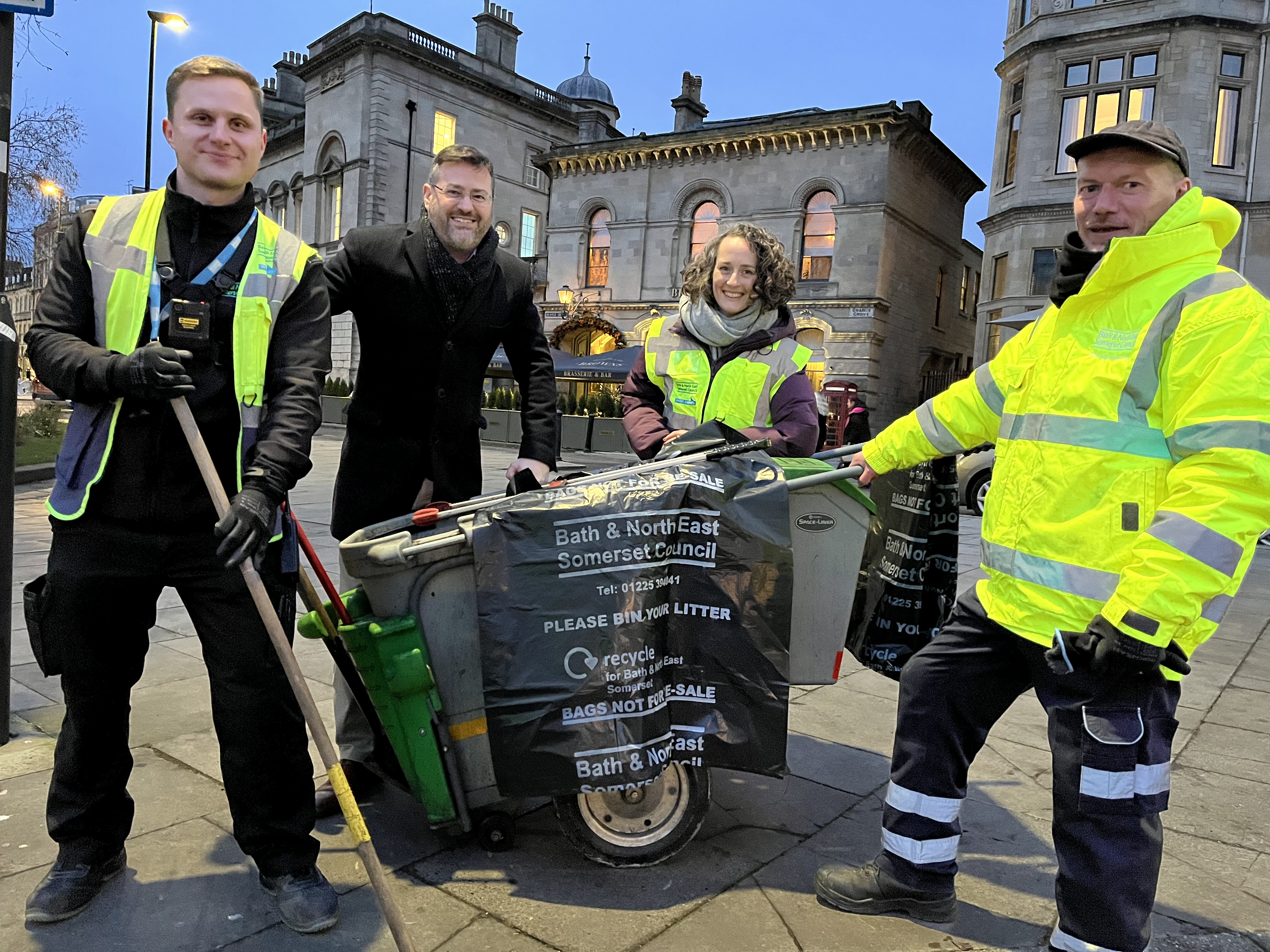 Cllr Kevin Guy and Chief Executive Sophie Broadfield with the cleansing team