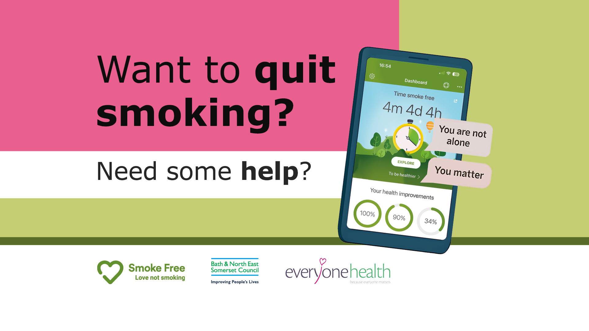 text that asks Want to quit Smoking? Need some help? with an image of a phone showing the detail of the app 