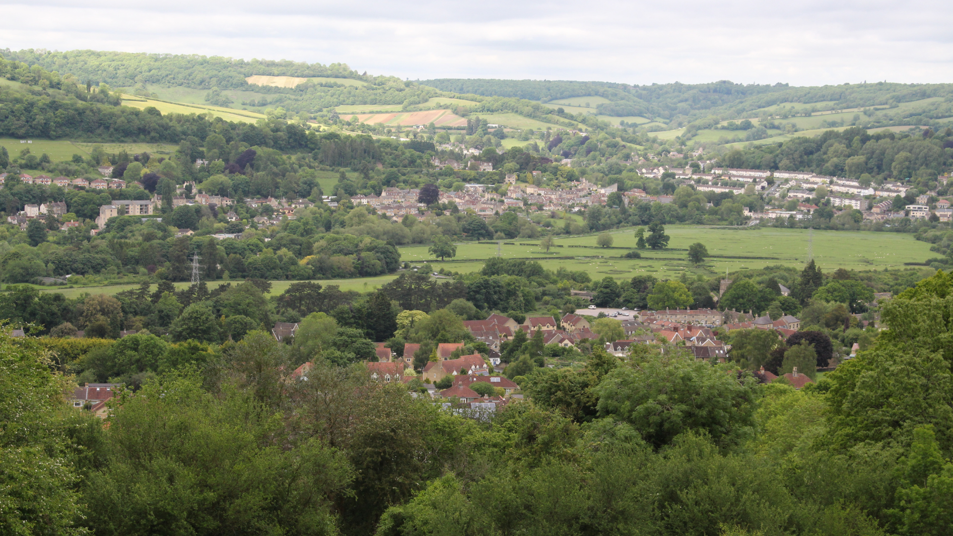 a view of green hills and housing and trees