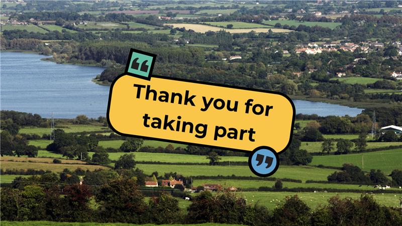 an ariel photo of a lake and the surrounding countryside with a yellow label overlaid that says thank you for taking part