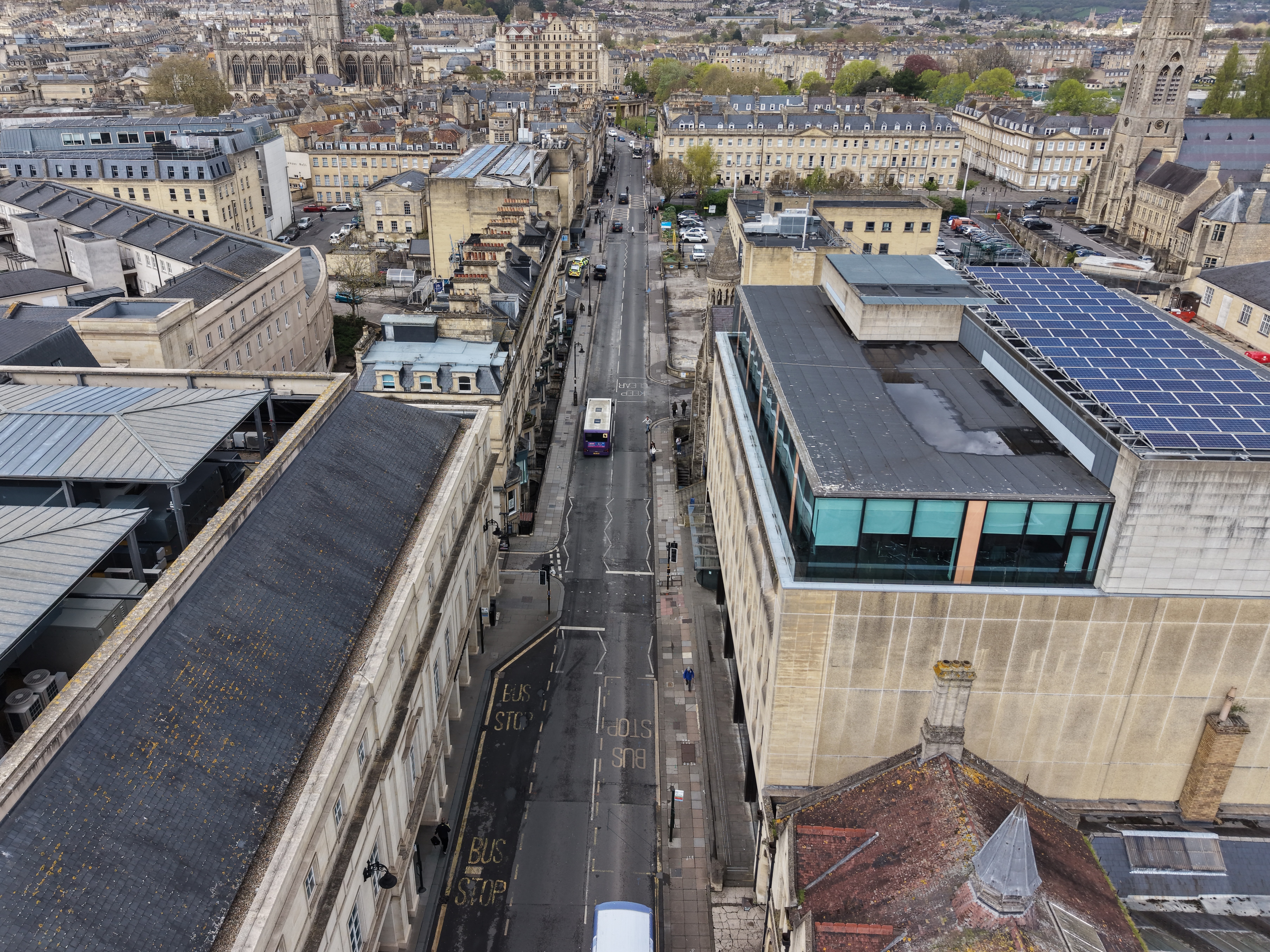 Drone image of Manvers Street, Bath. 