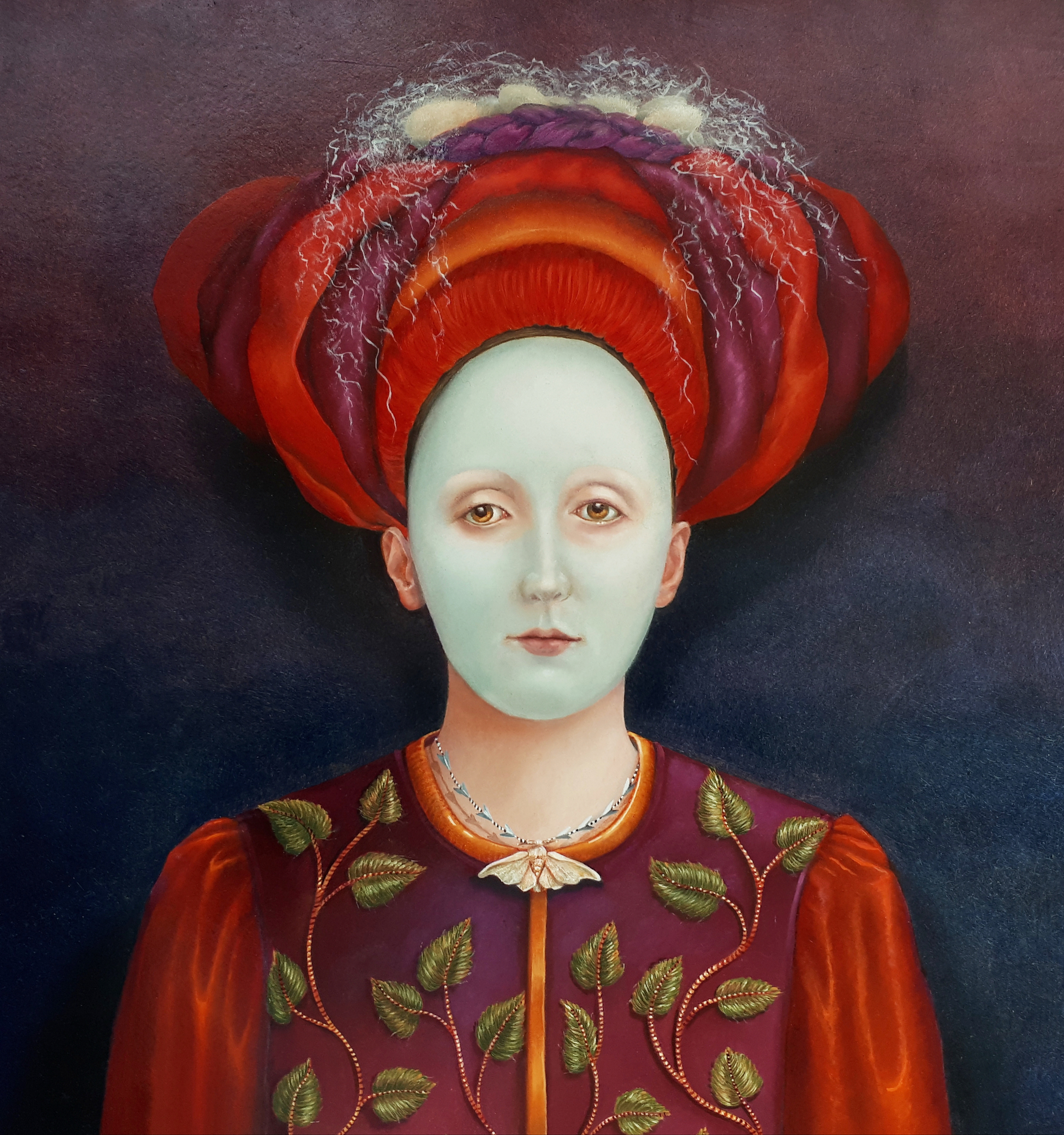Painting of a woman with orange patterned clothing and head wrap, with white clay-type coating on her face