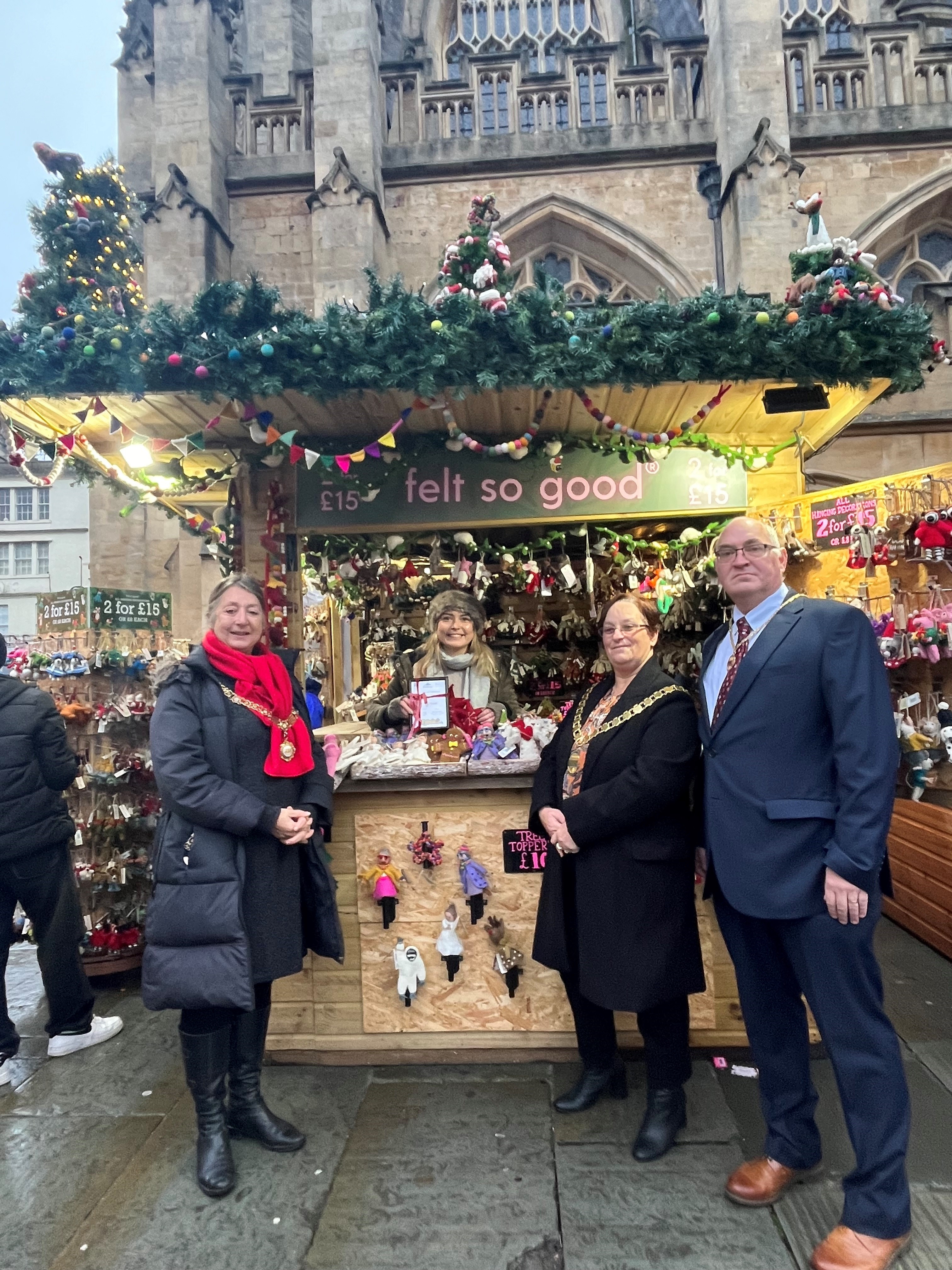  Pictured are the the Best Dressed Chalet traders with Councillor Dine Romero, Mayor of Bath, The Chair of Bath & North East Somerset Council, Councillor Sarah Moore and the Chair's escort Shaun Moore.  