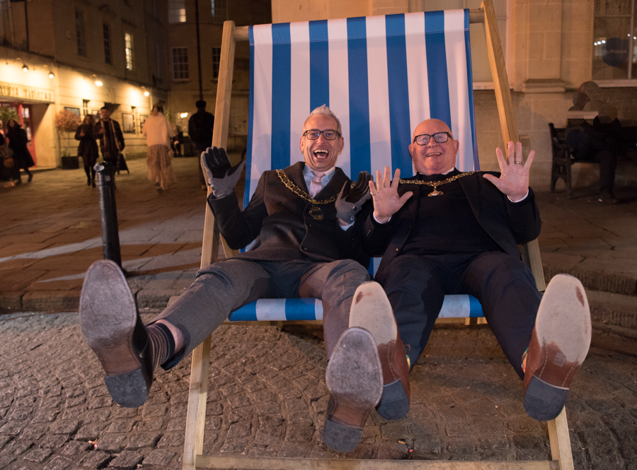 From left to right: council Chair, Shaun Stephenson-McGall and The Right Worshipful Mayor of Bath, Councillor Rob Appleyard sat on a giant deckchair.