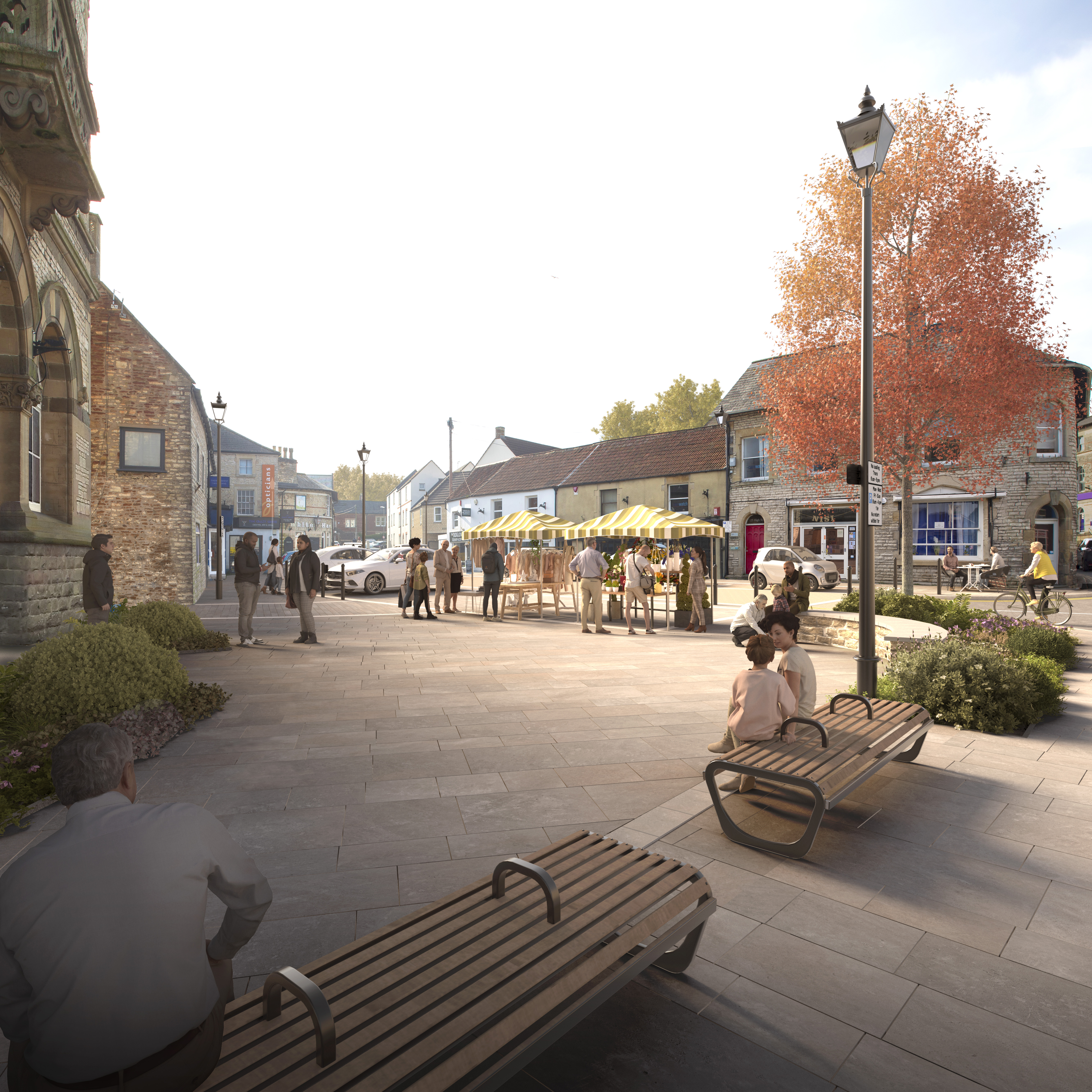 CGI image of Midsomer Norton Market Square set up with a market