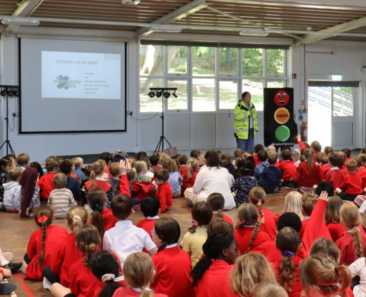 Children watching road safety class at Newbridge School