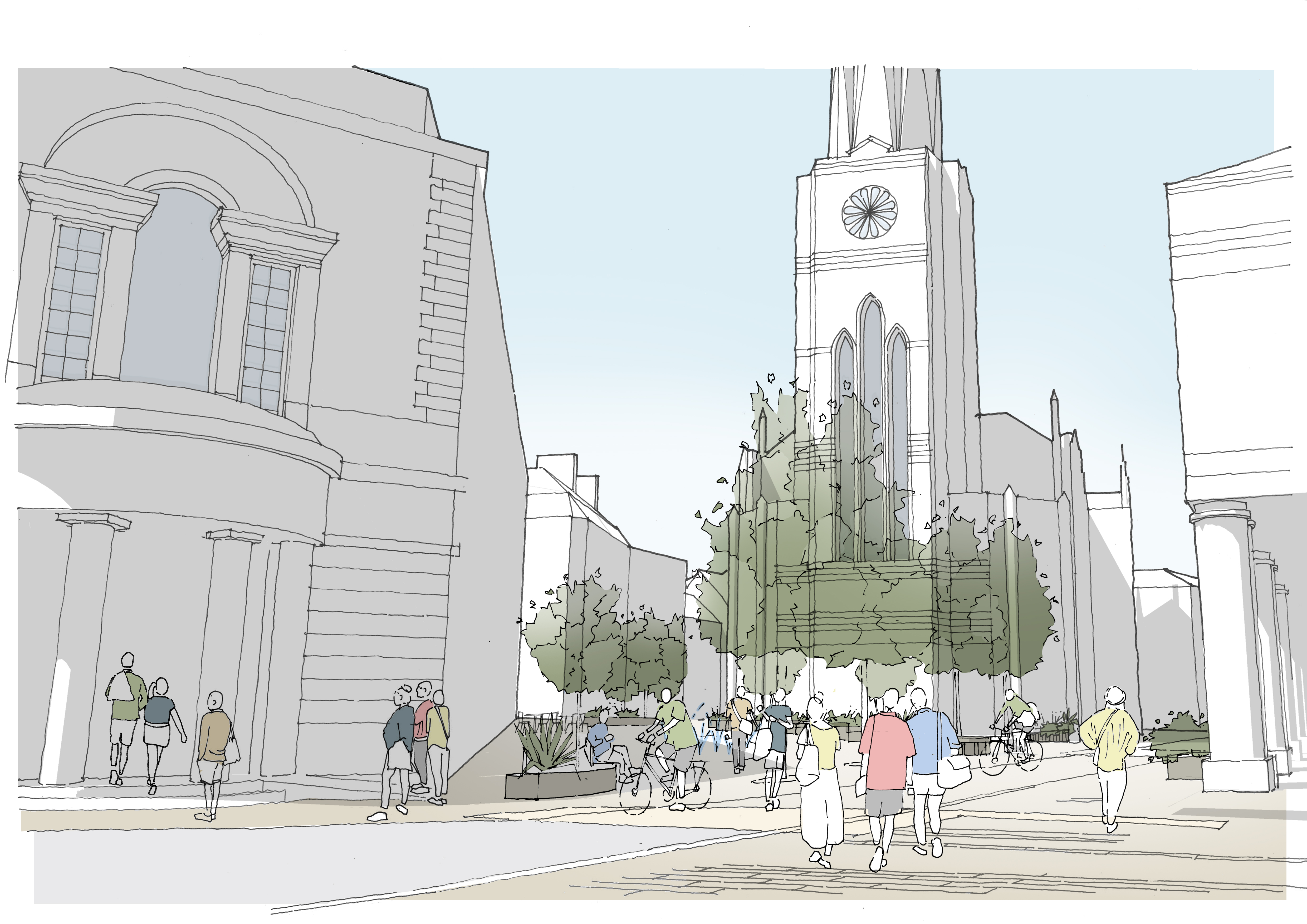 visualisation of Northgate St in Bath with pedestrians in front of St Michael's Church