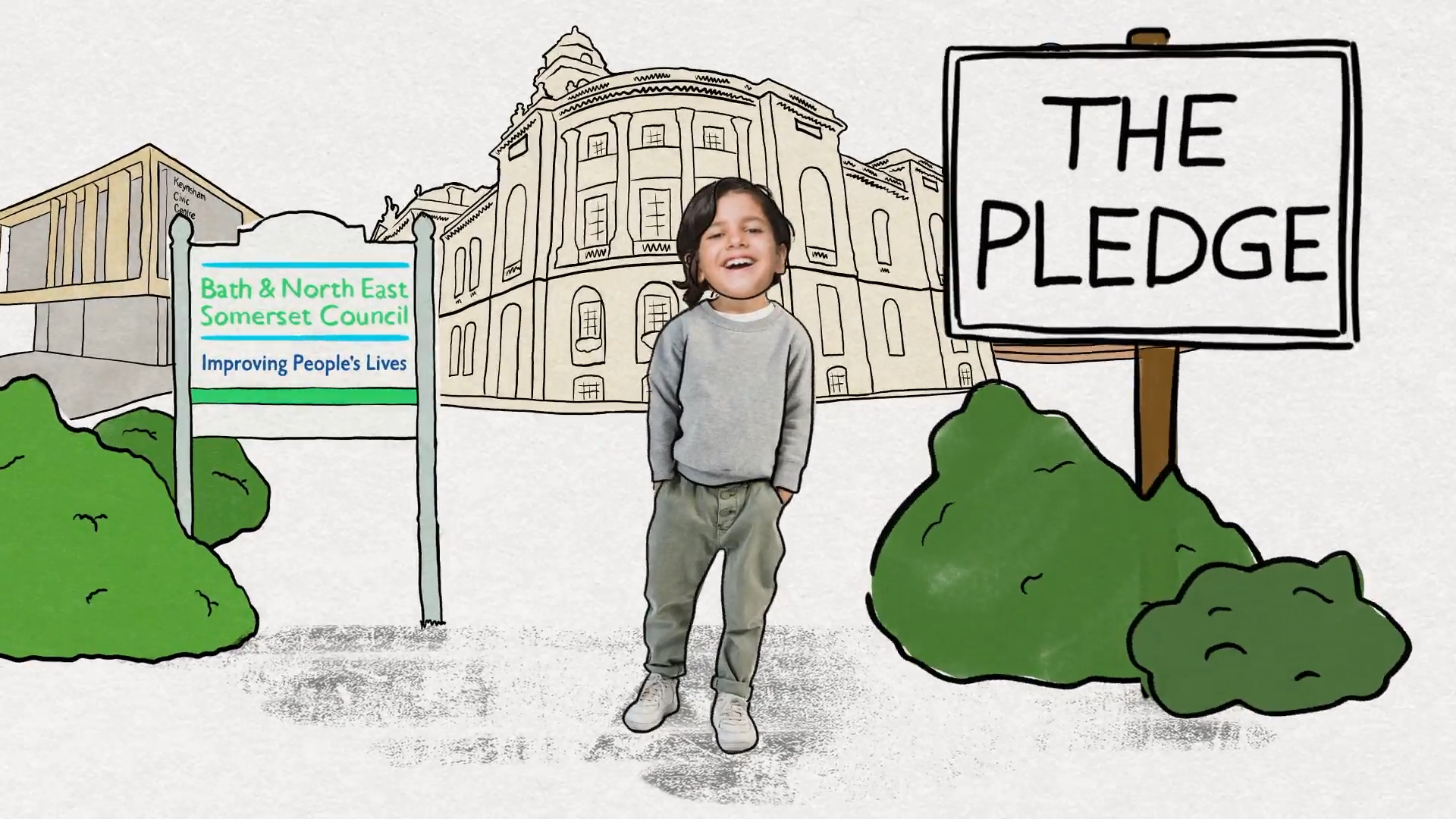Graphic of a child smiling in front of Bath's Guildhall with a council sign and a sign reading The Pledge