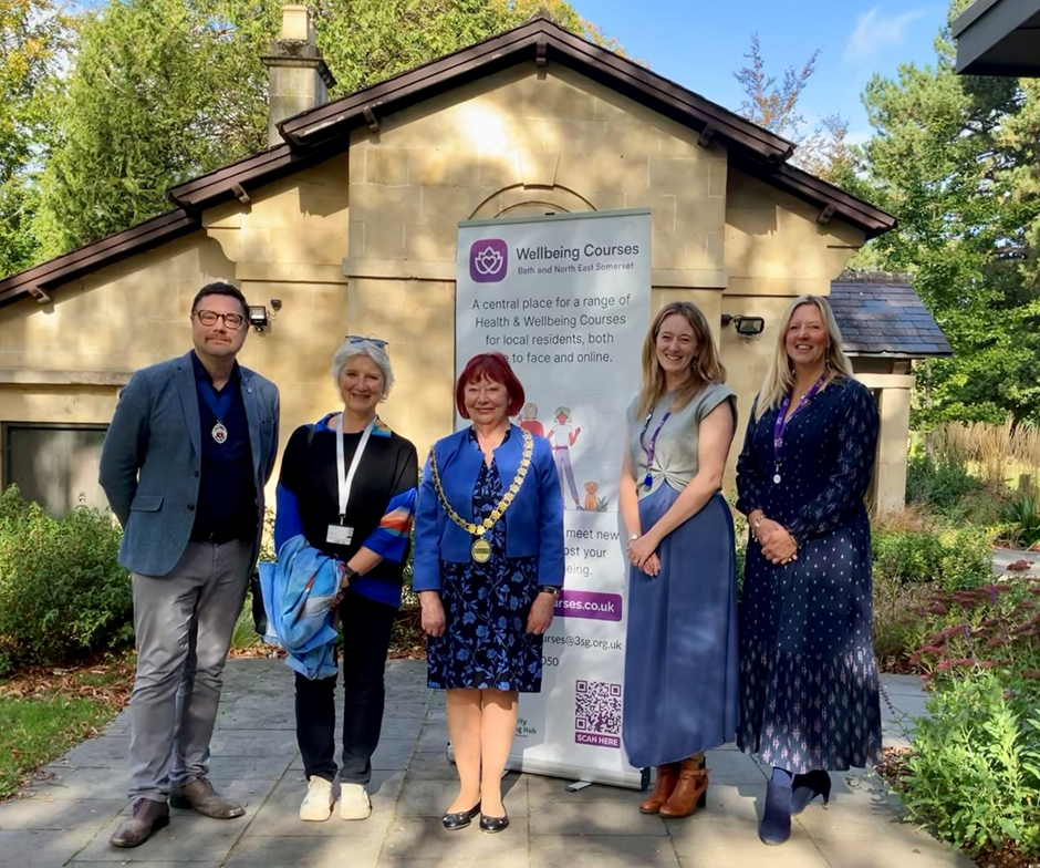 Pictured left to right at the launch are Deputy Mayor of Bath, Councillor Ian Halsall, B&NES Cabinet Member for Adult Services, Councillor Alison Born, B&NES Council Chair, Councillor Liz Hardman, Director of 3SG, Becky Somerset and 3SG Co-ordinator, Paula Turner.
